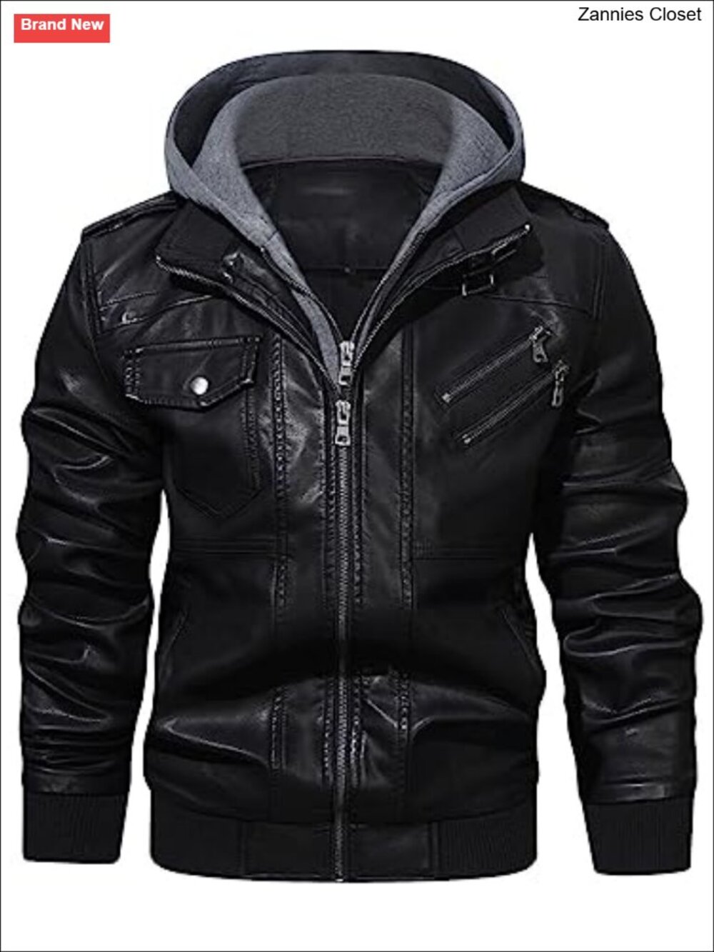 Men's PU Faux Leather Zip-Up Motorcycle Bomber Jacket Removable Hood